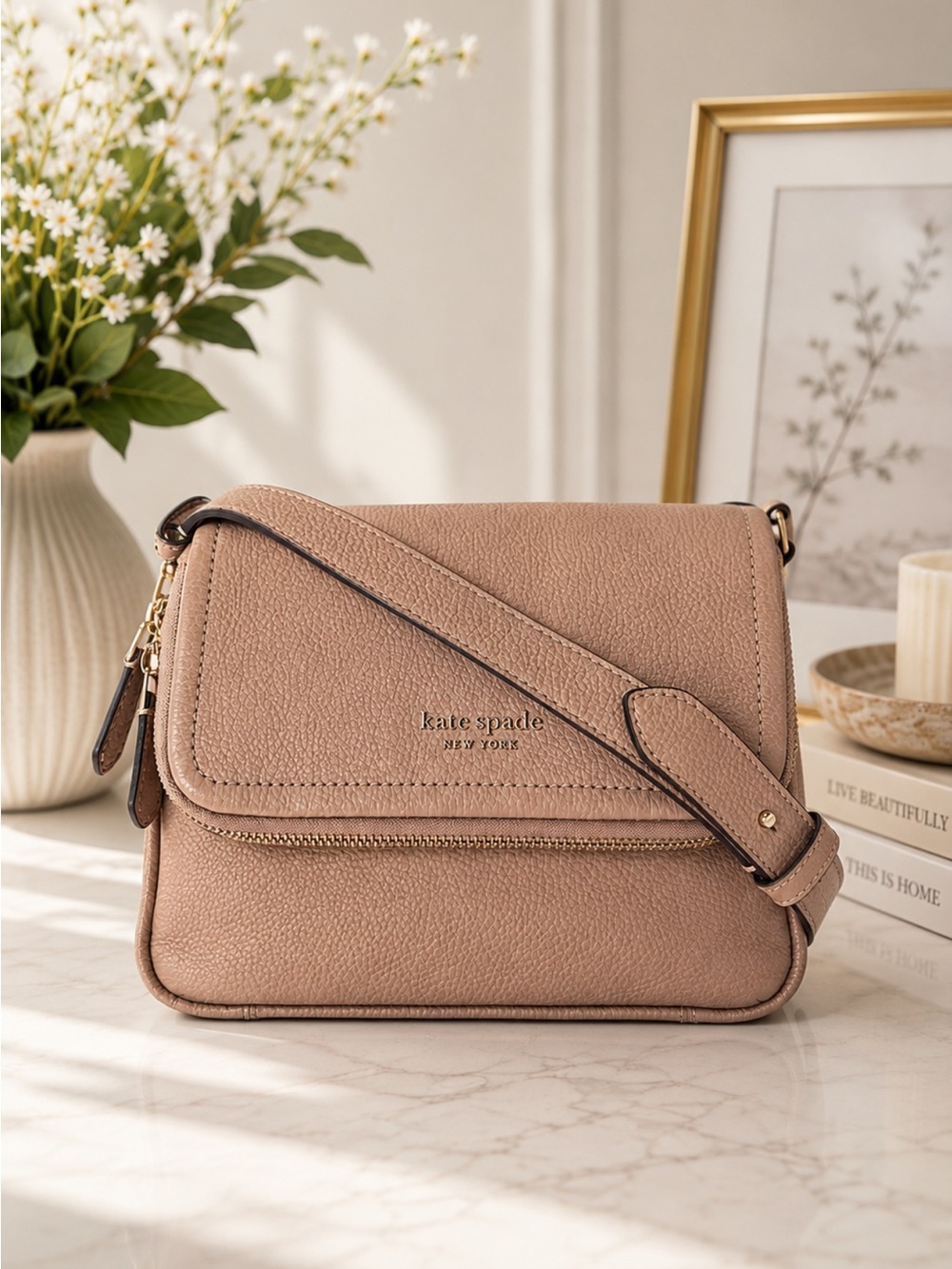 EUC Kate Spade Run Around Large Flap Crossbody Tan Pinmount Logo